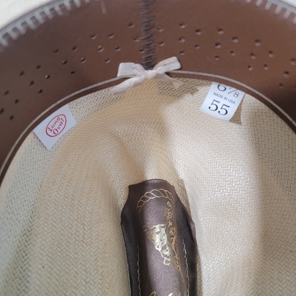 Larry Mahan The Corral By Milano Hat Tan Bandido 100% Straw Hat 6/8-55 Long Oval - Picture 11 of 12